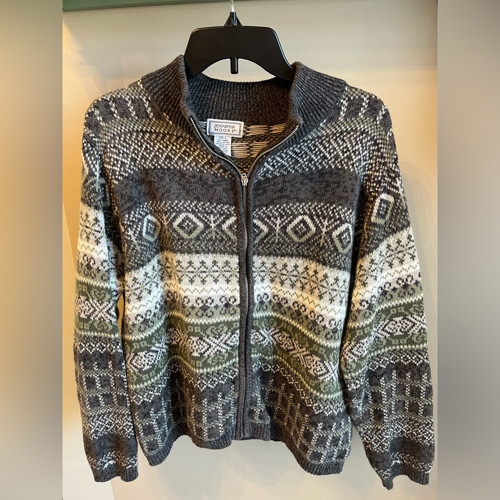 Jennifer Moore Cotton Fair Isle Full Zip Sweater Jacket Size Large